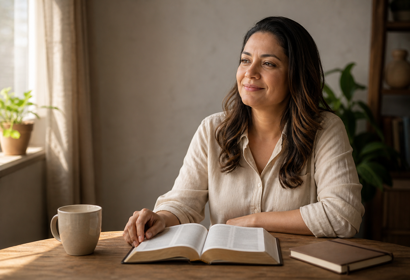 Mulher em paz durante a leitura da Bíblia